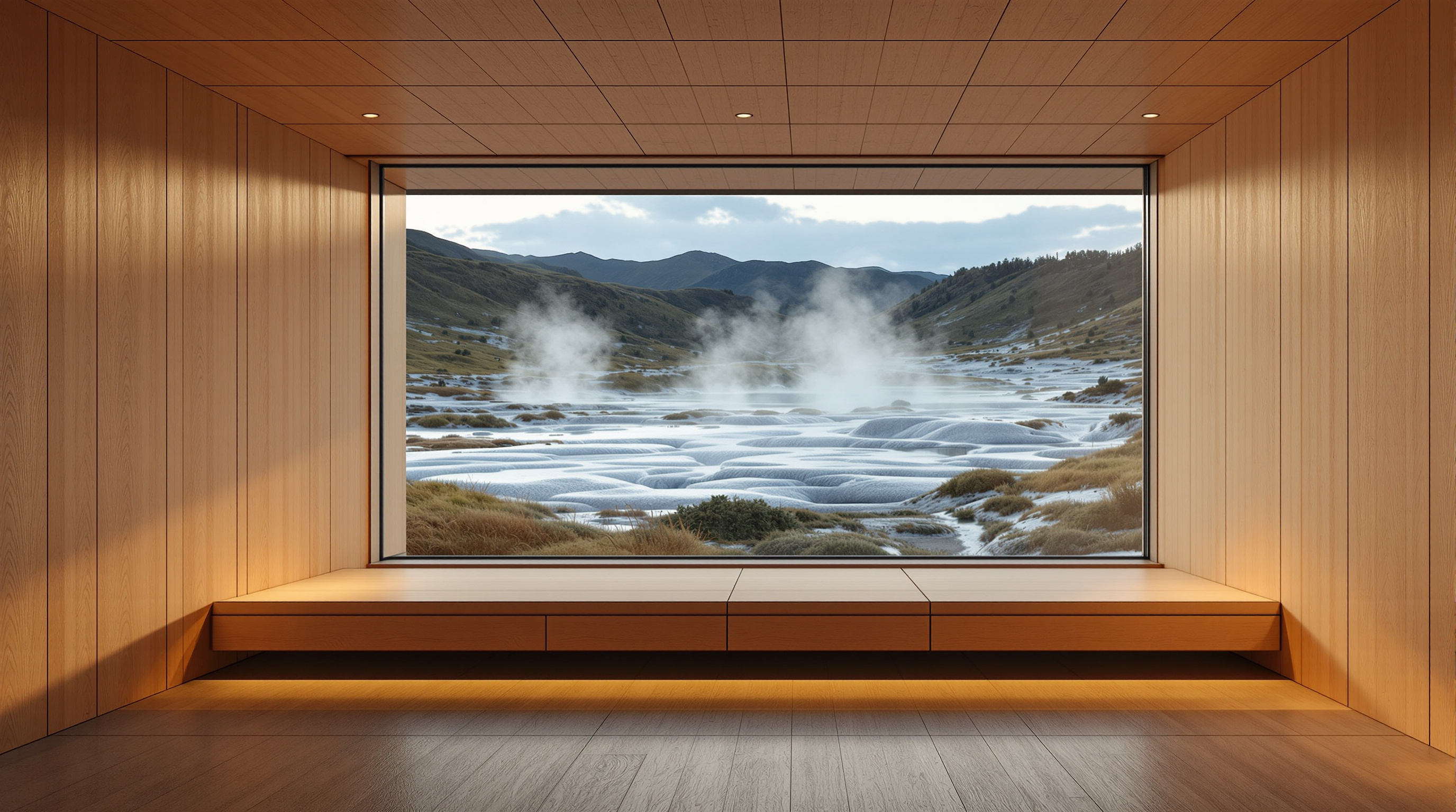 Interior of a warm, contemporary geothermal lodge concept in the Rotorua manner: a timber-lined room with tree-fern textured wall panels, a floor gently warmed by the ground below, a low bench along a window that looks out over a steaming silica-terraced valley at dusk, soft light, no visible heaters