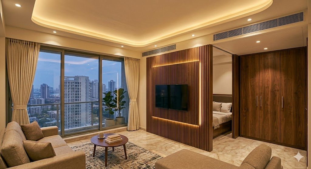 Inline documentary photo of a compact premium 1BHK interior in India showing veneer wardrobe shutters, full false ceiling with recessed lighting and a fluted feature wall, warm evening light