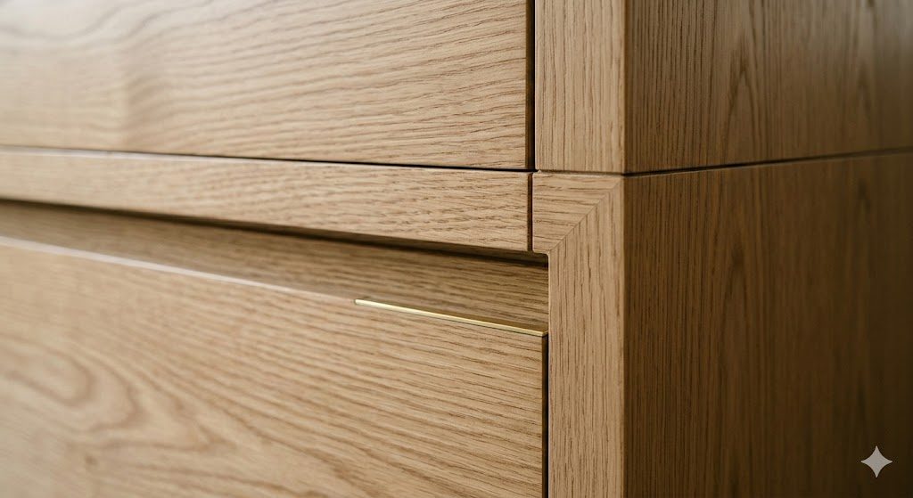 Close-up of book-matched veneer joinery with tight shadow gaps and concealed hardware, showing craft-level detailing on a luxury cabinet