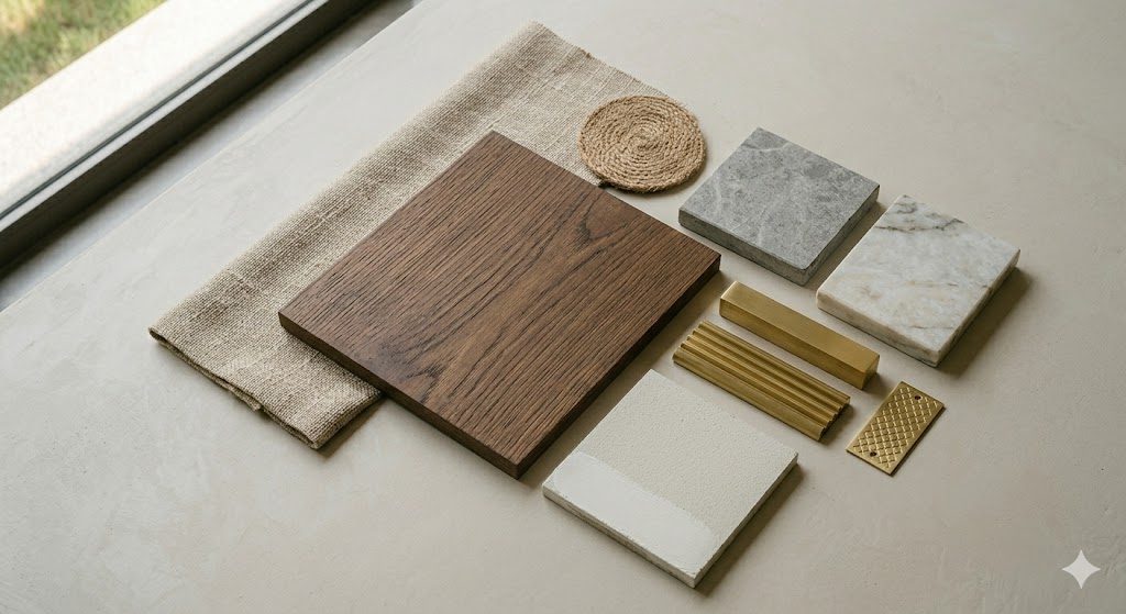 Restrained luxury material palette laid out flat — natural stone, fumed oak veneer, brushed brass, linen and lime plaster samples in a calm neutral scheme