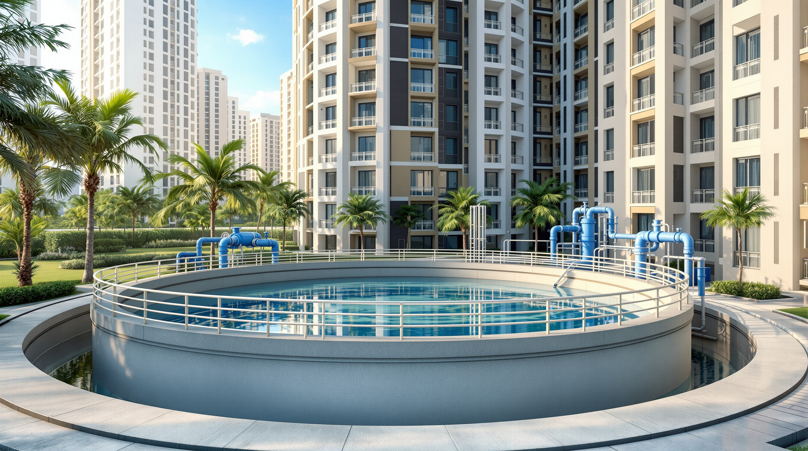 A compact modern sewage treatment plant with aeration tanks beside a landscaped residential apartment tower in an Indian city