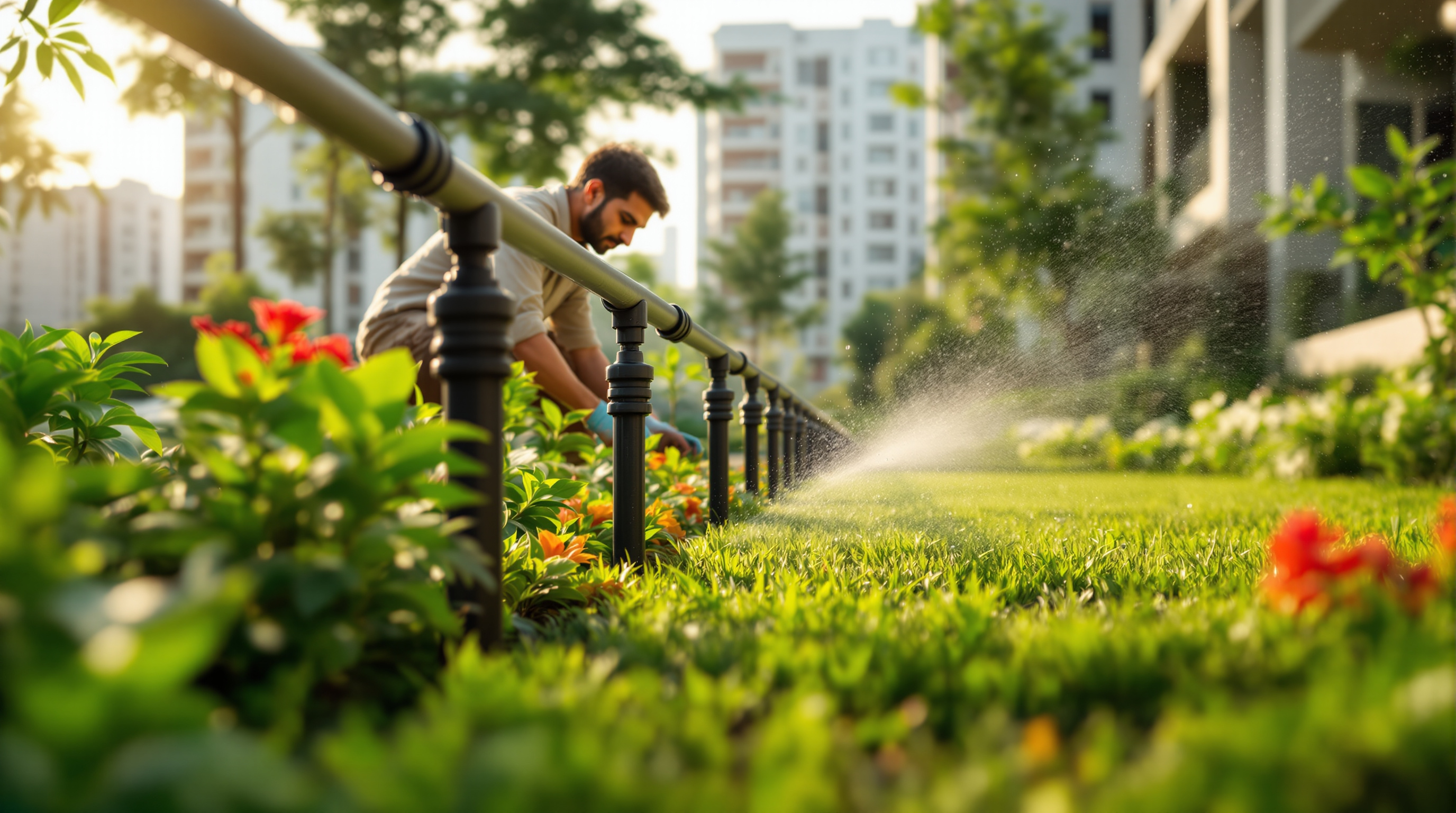 An Indian gardener watering a lush landscaped apartment garden with recycled treated water through drip irrigation