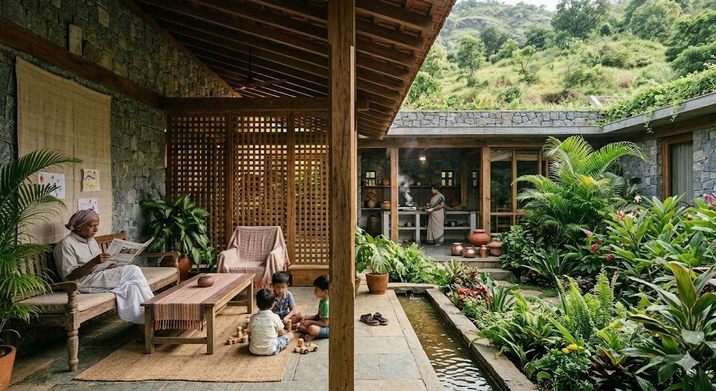 A biophilic Indian courtyard home interior opening onto a planted open-to-sky court with dappled daylight, natural timber and stone, a jaali screen and a small reflecting water channel, documentary photograph