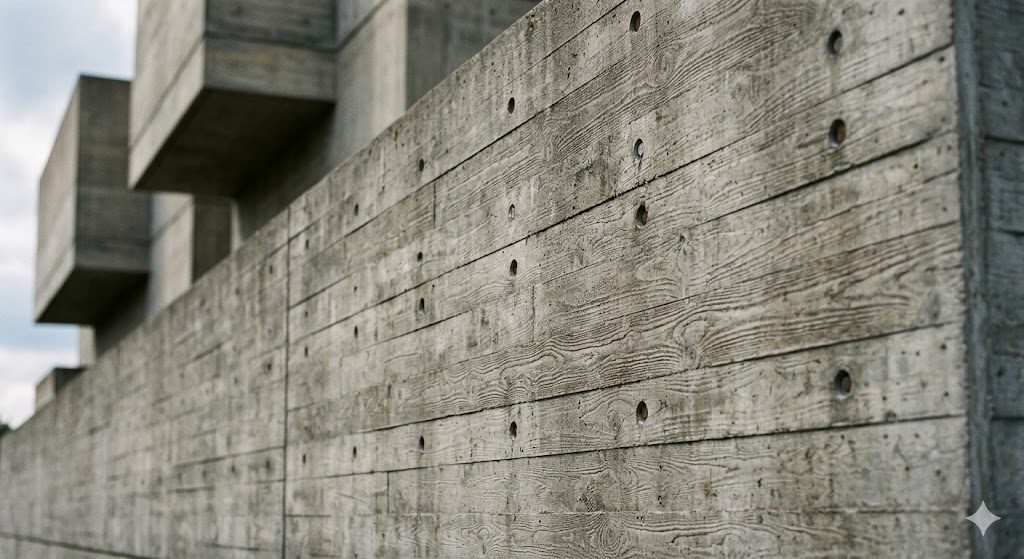 A close view of board-marked raw concrete on a Brutalist building, the timber grain and form-tie holes clearly visible across a monumental wall