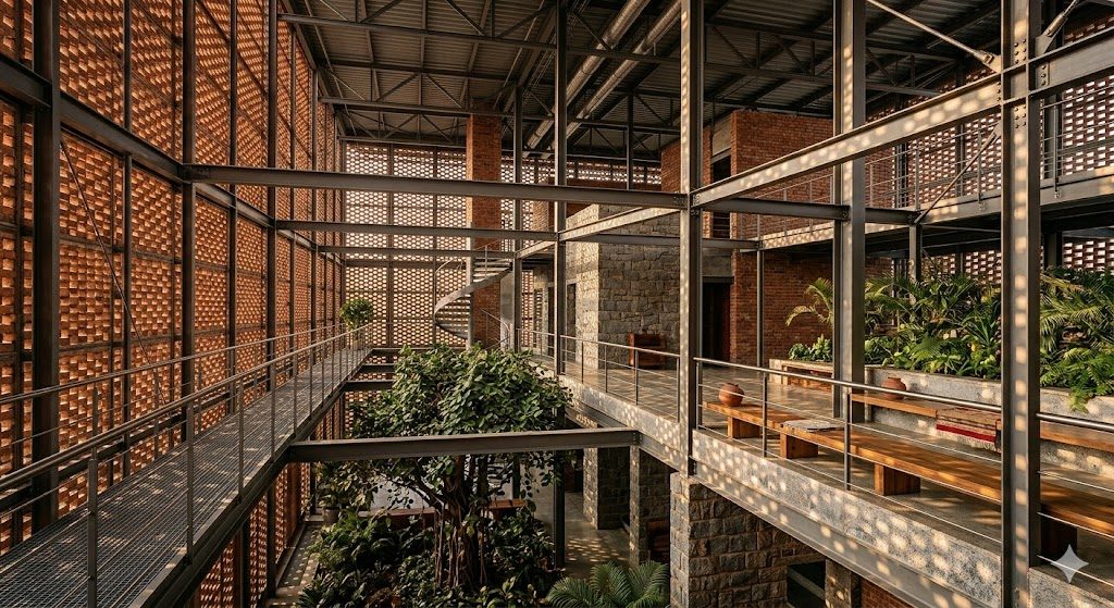 A contemporary Indian house in the Critical-Regionalist spirit — exposed brick and local stone, a brick jali screen casting dappled shade, a deep verandah opening onto an internal courtyard under warm subcontinental light