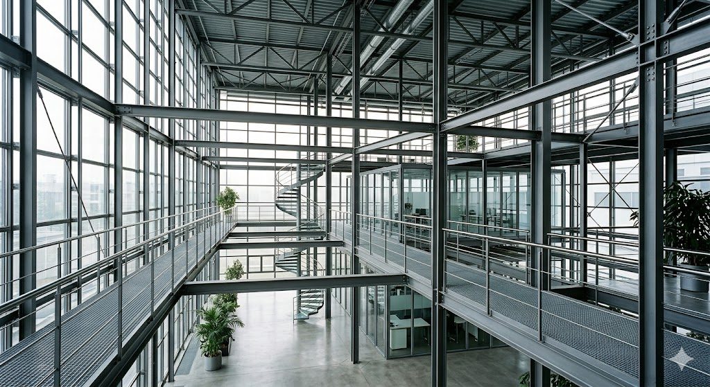 A steel-and-glass interior — exposed structural steel, an expressed frame and an industrial-loft volume bathed in daylight