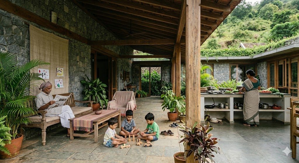 People of three generations comfortably occupying a human-centered Indian home — an elder seated in a shaded verandah, children on the courtyard floor, a cook facing the room from an open kitchen — the space visibly shaped around how the family actually lives
