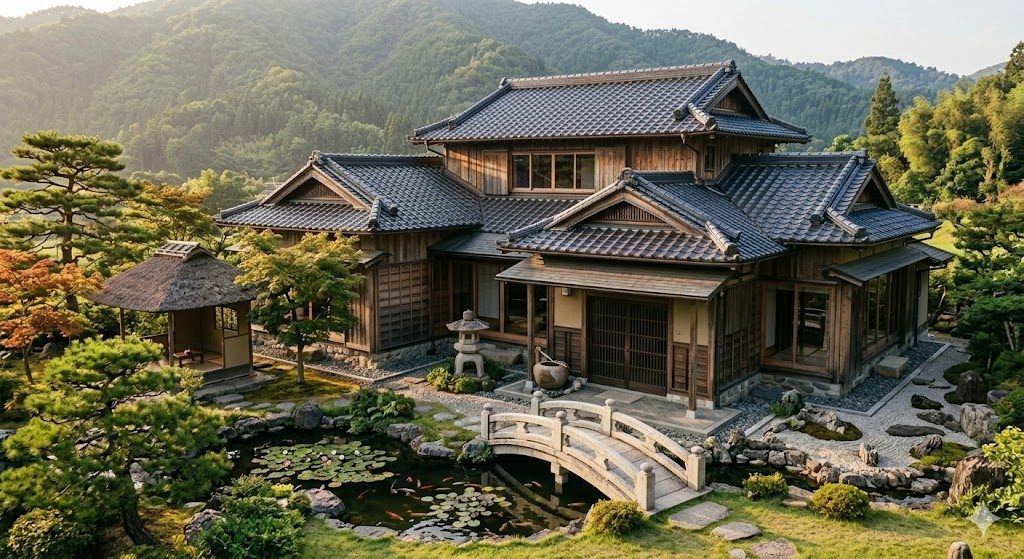 A wide engawa veranda in soft afternoon light, polished dark timber boards running alongside a raked-gravel and moss garden, the deep eave casting a long shadow across the threshold