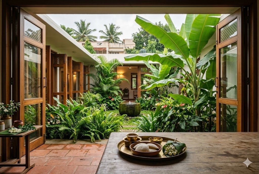A Bengaluru home morning scene in early September post-monsoon — a breakfast set on a wide teak verandah looking onto a central planted garden court, terracotta tile floor, a brass tray with chai and idli, jasmine and curry leaf cuttings on a side table, soft Bengaluru-morning light filtering through banana leaves, full-height sliding teak French doors retracted open