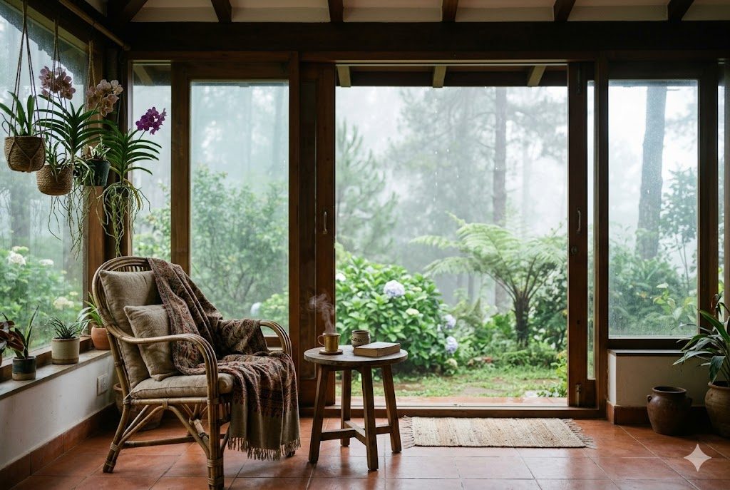 A foggy October morning in a Mahabaleshwar or Ooty hill cottage — a single bamboo wicker chair beside a small round side table on a glazed sunporch, terracotta tile floor, a brass chai cup steaming, a kani-wool throw on the chair back, Vanda orchids hanging in the corner, the rain-mist garden visible through the half-open timber-frame sliding doors
