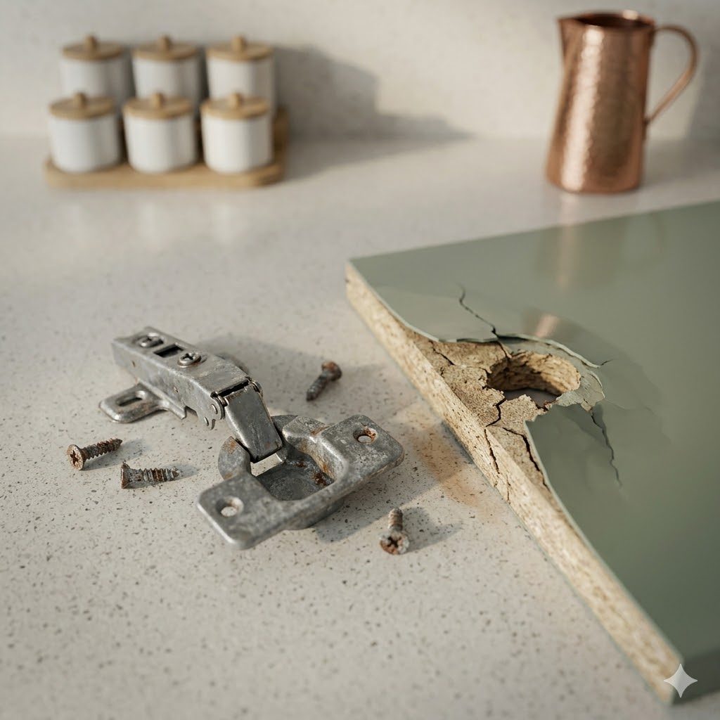 A forensic close-up of an unscrewed budget cup hinge lying on a worktop beside a cracked particle-board shutter edge — hinge arm bent, cup oxidised, screws stripped, a faint rust mark on the substrate where moisture has entered, the autopsy of a failed component