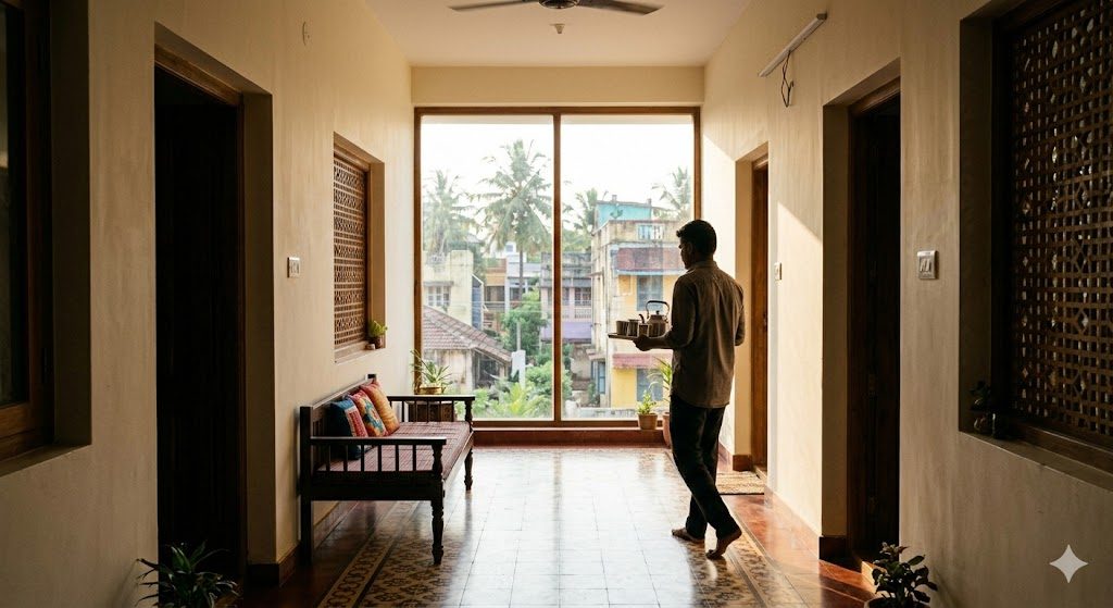 A person carrying a tray walks easily down a well-proportioned corridor with light spilling from a window at the far end, showing how comfortable width supports everyday movement