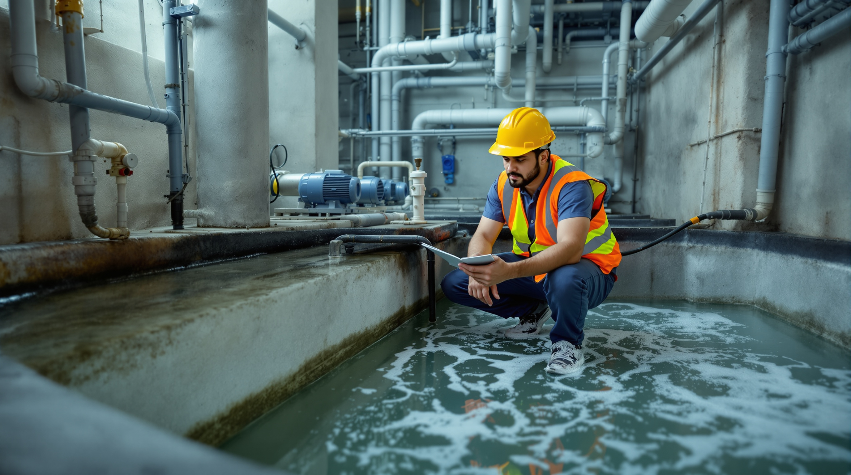 An Indian engineer in a hard hat and safety vest inspecting the aeration tanks of a building's sewage treatment plant, holding a clipboard