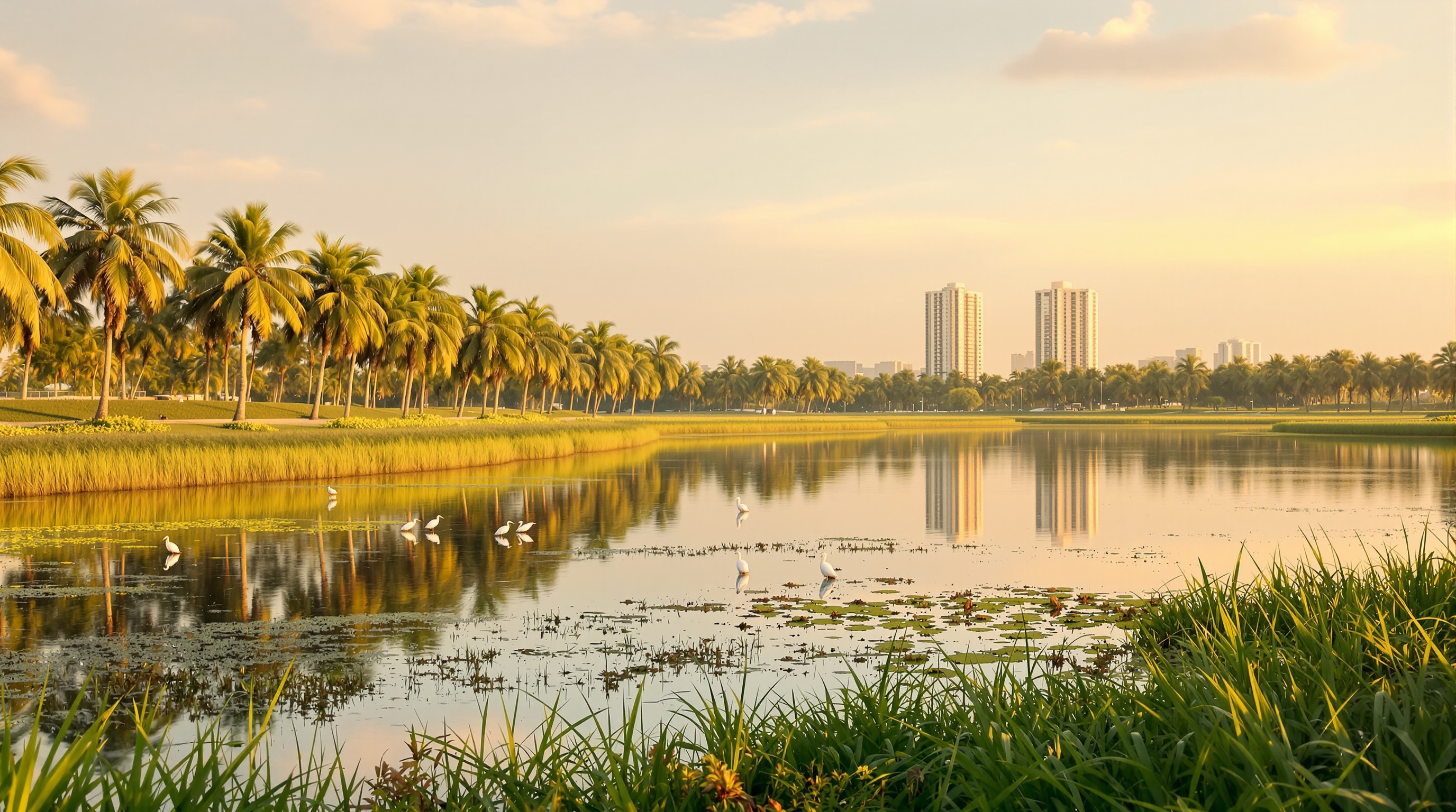 A clean urban lake at golden hour in an Indian city with egrets wading and green vegetation along the banks