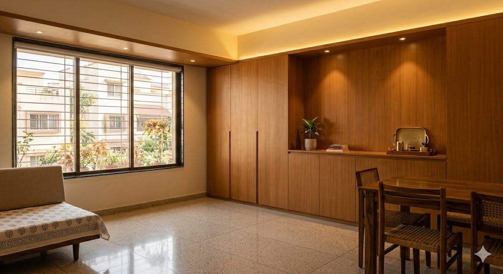 A calm, decluttered Indian living-dining space with a continuous concealed storage wall in one wood tone, clear surfaces, a single curated display tray, layered warm lighting and no visible wires — documentary interior photo