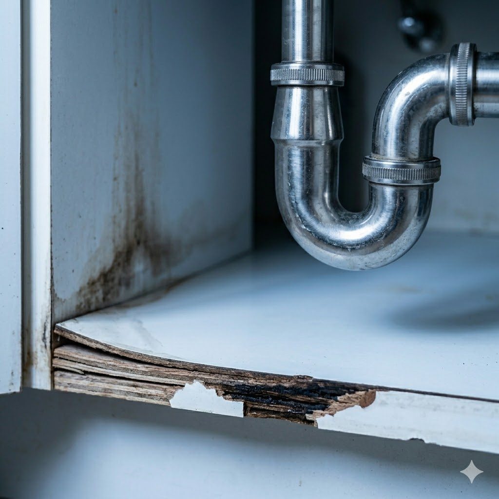 Forensic macro of a real sink-base failure — the inside corner of a sink cabinet showing moisture-resistant plywood swelling along the bottom edge, a dark stain bleeding upward, and a chipped patch of laminate at the front revealing raw ply