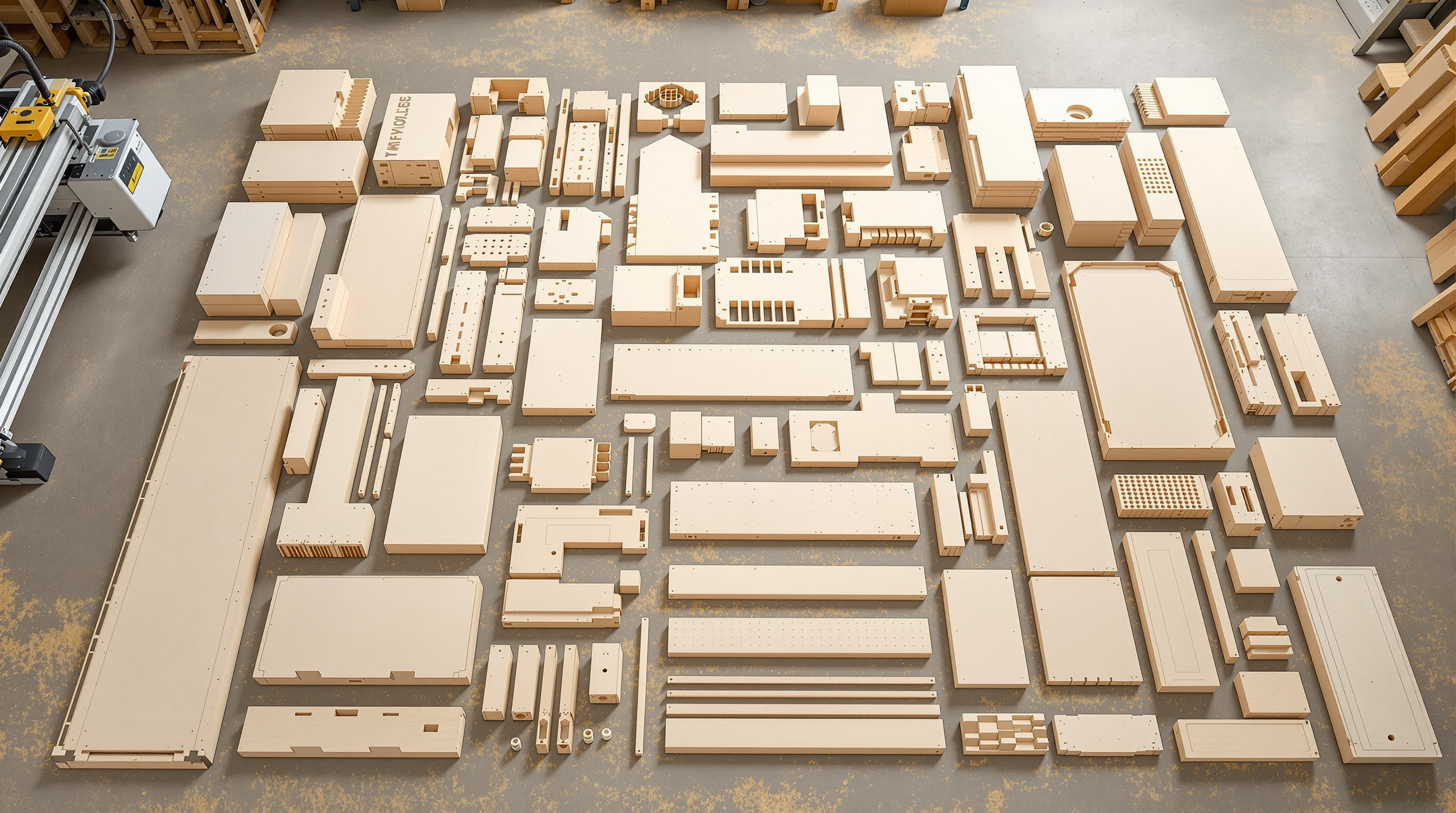 Flat-packed WikiHouse Skylark blocks: precisely CNC-routed 18 mm plywood parts with interlocking slots and finger joints laid out on a workshop floor beside a large flat-bed CNC router, ready to be assembled into hollow structural ribs