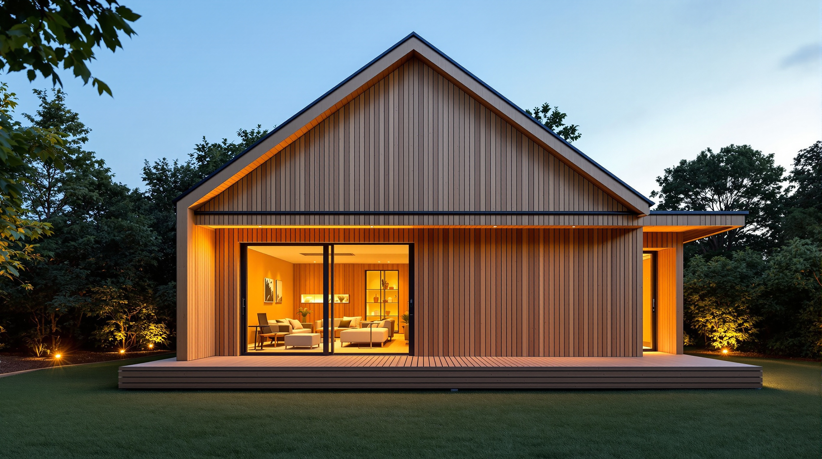 A completed small WikiHouse home clad in timber, warmly lit at dusk, its pitched roof and clean modern silhouette sitting in a green setting, indistinguishable from a well-built conventional house — the technology invisible in the finished result