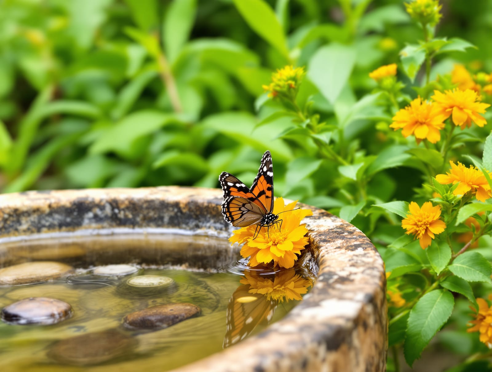 A butterfly feeding on an orange flowering native plant beside a shallow stone water dish in an Indian garden