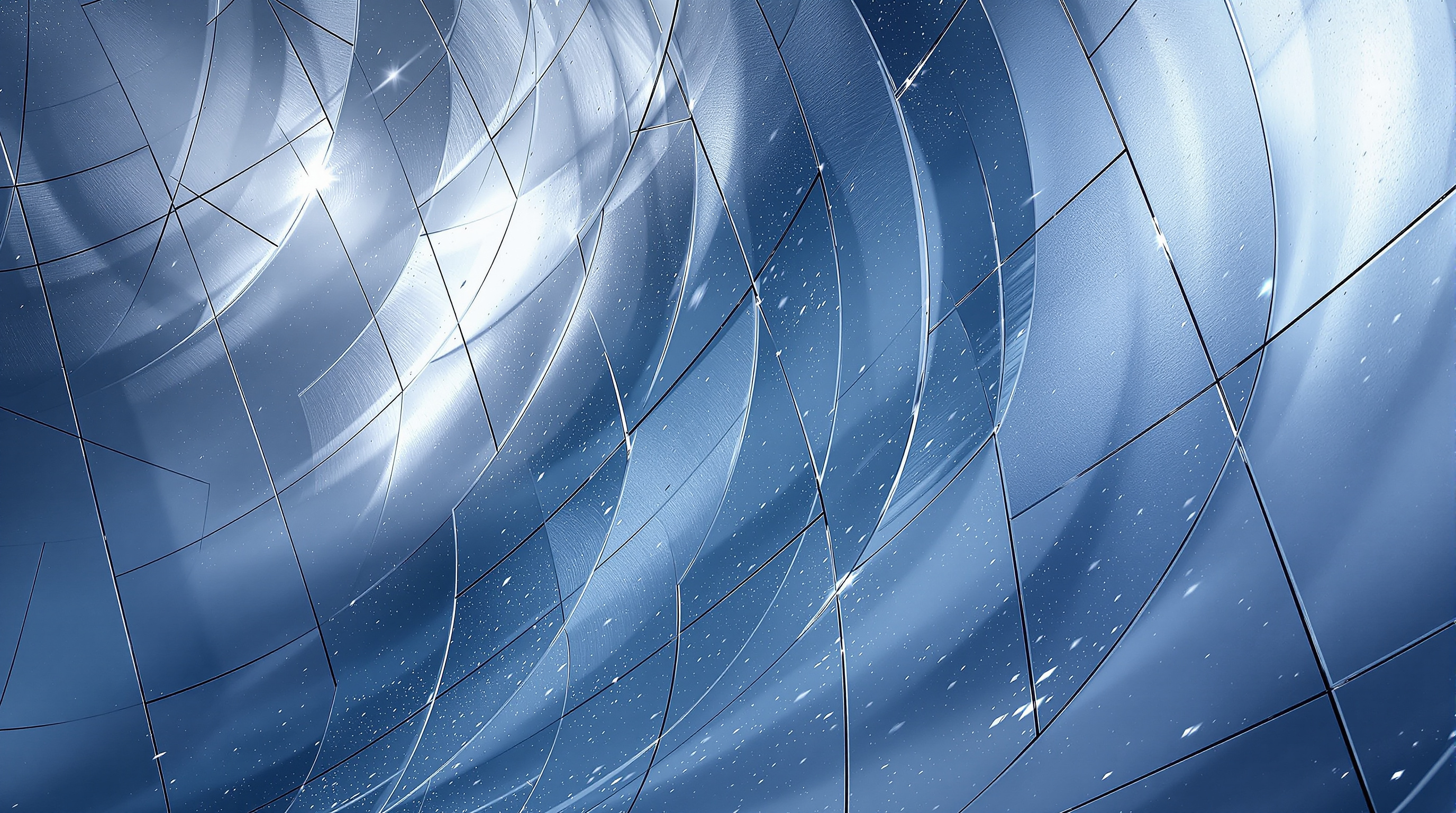 The free-flowing aluminium skin of the Wildspitzbahn station seen up close, hundreds of subtly different flat and curved metal panels tiling a compound-curved surface with fine shadow-gap joints, catching cold blue alpine light against a deep sky