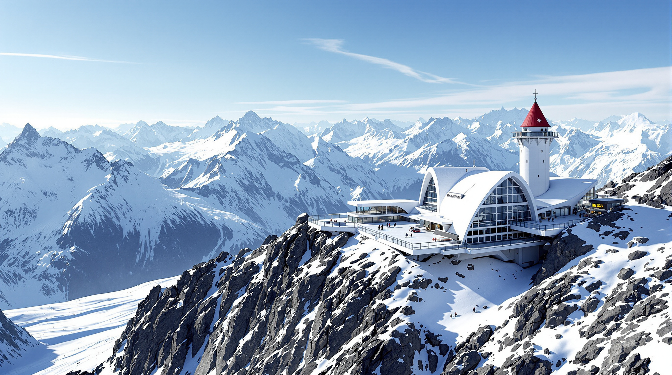 Wide view of the Wildspitzbahn mountain station from the glacier below, its white cornice-shaped roof and cantilevered sun terrace standing on the dark rocky ridge, tiny figures on the platform giving a sense of the vast alpine scale, a sea of snowbound peaks beyond