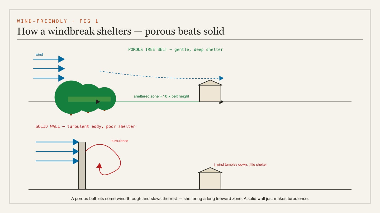 A diagram of how a windbreak works - a porous belt of trees and shrubs slows the wind and shelters a zone to leeward roughly ten times the belt's height, while a solid wall causes turbulence