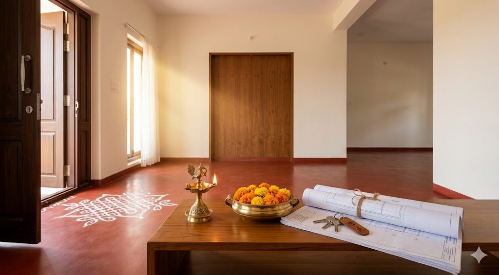 Documentary photograph of a completed contemporary Indian home interior on handover day — empty foyer or living room with a brass ceremonial lamp and marigold bouquet on a table, traditional rangoli at the threshold, soft natural light streaming through a tall window onto warm wood floors