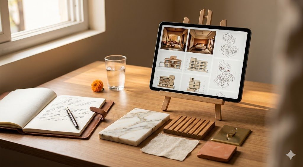 Documentary photograph of an architect's desk during a portfolio review — a tablet propped up showing a grid of project thumbnails, physical material samples in a neat row, a notepad with handwritten notes, and a fountain pen — captured in warm tropical light against a wooden desk in an Indian studio context