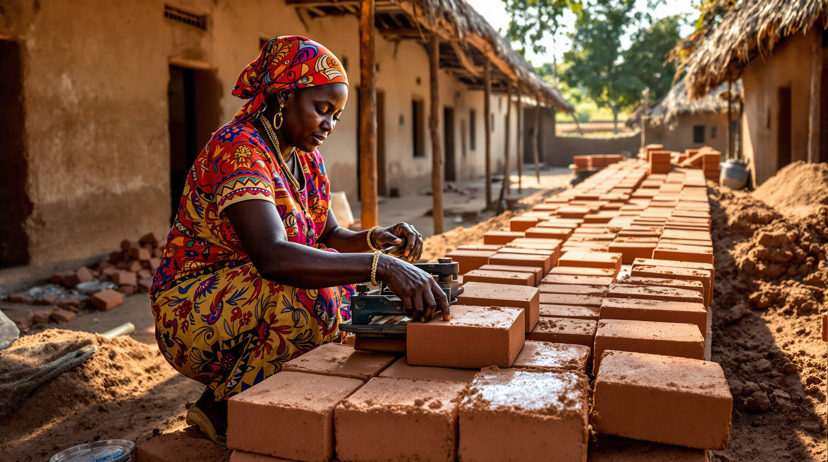 A woman in a bright headscarf operating a manual lever press to form a wet clay brick on the construction site, rows of finished red bricks drying in the sun behind her under an open thatched shelter