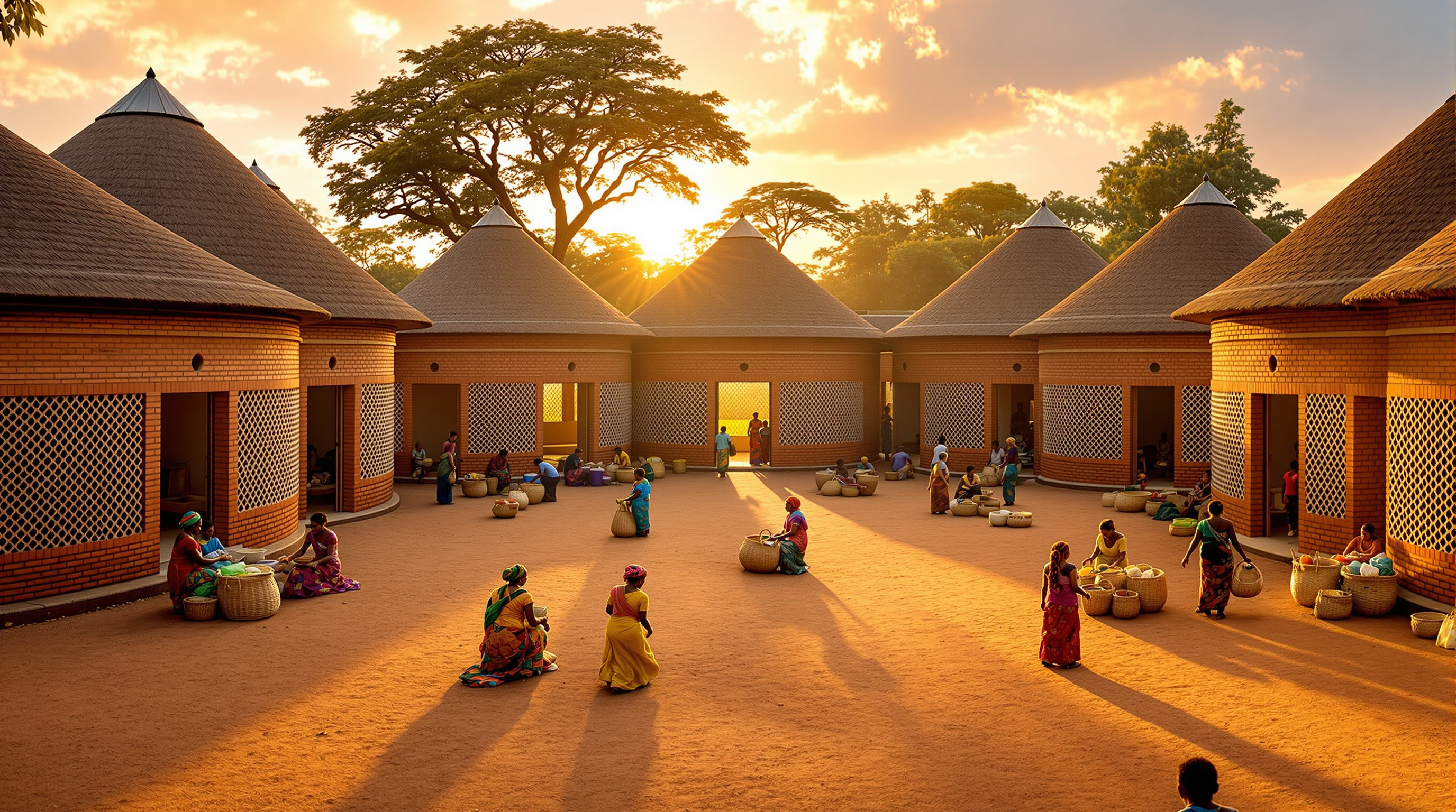 The central earthen plaza of the Women's Opportunity Center at golden hour, ringed by round perforated-brick pavilions with conical roofs, women in colourful dress trading baskets and produce across the open communal ground