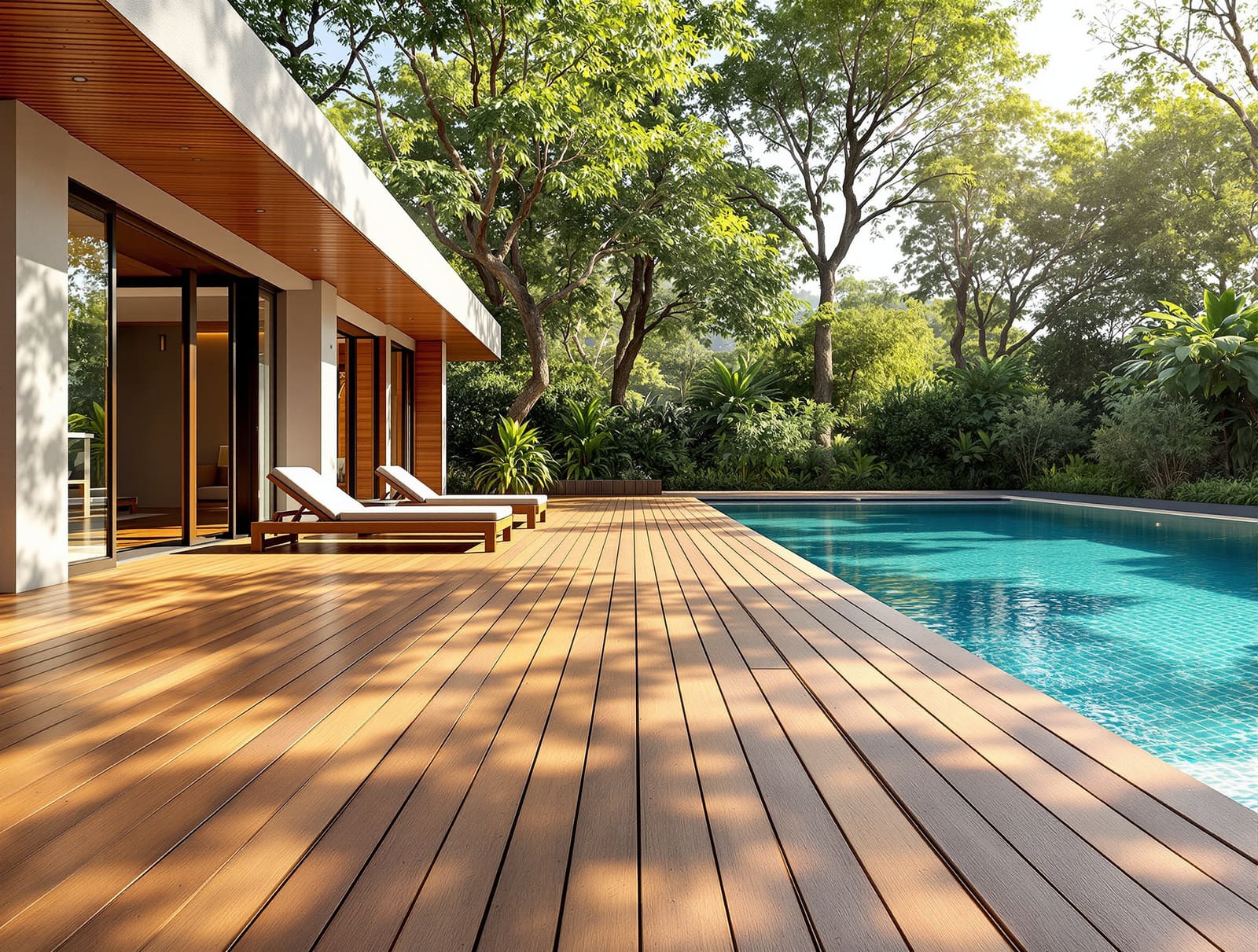 A wooden pool deck at an Indian home with timber boards running to the water's edge and loungers in dappled light