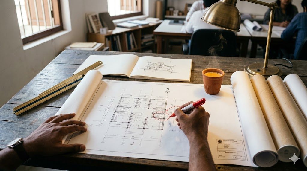 Documentary photograph of an architect's desk with a large A1 architectural drawing sheet unrolled, the architect (back of head, no face) actively marking up the drawing with a red marker pen, a triangular scale ruler and a clutch of rolled drawing tubes alongside. Coffee cup partially in frame. Mid-morning desk light