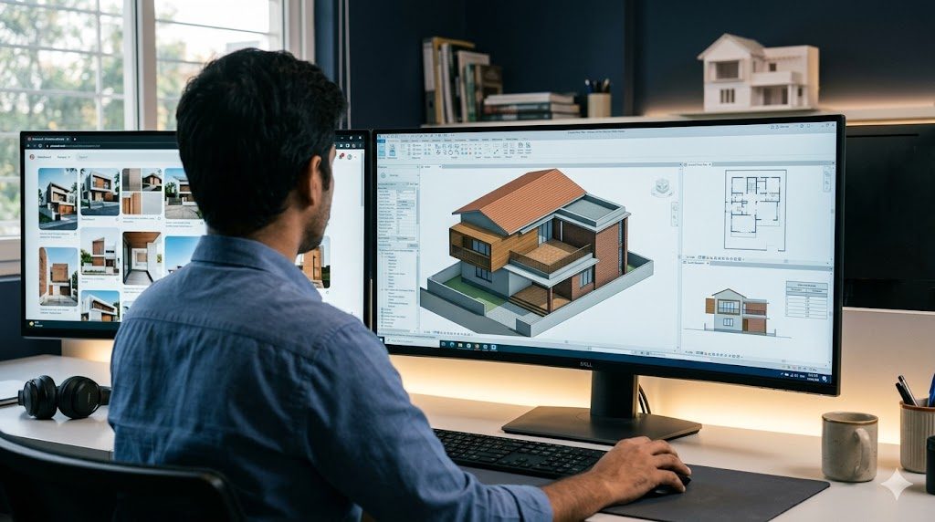 Documentary photograph of an architect's workstation displaying a 3D BIM model in Revit or ArchiCAD — perspective view of a residential building model on the main screen, with auto-generated 2D plan or section views shown in side panels. Architect's hand on a stylus or mouse, no face visible. Modern office, mid-morning daylight
