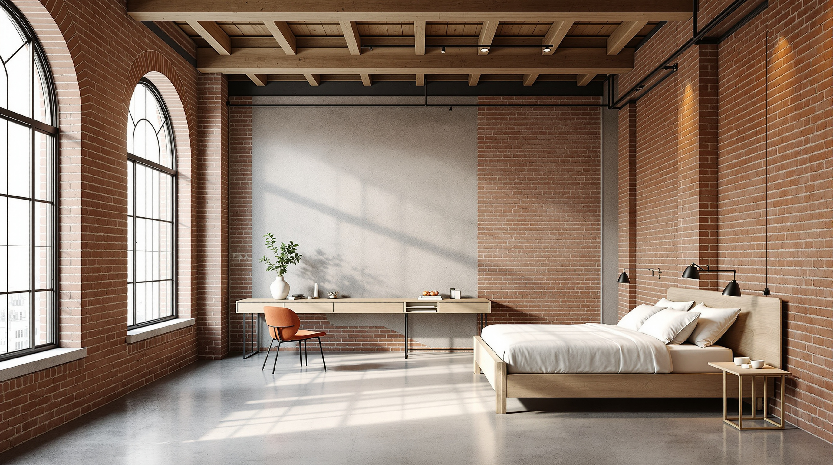 The exposed interior structure of the Wythe Hotel: cleaned cast-iron columns and heavy stripped-pine ceiling beams above a polished concrete floor, tall arched factory windows on the left flooding the room with daylight, rough original brick walls, and a bed built from reclaimed pine timber