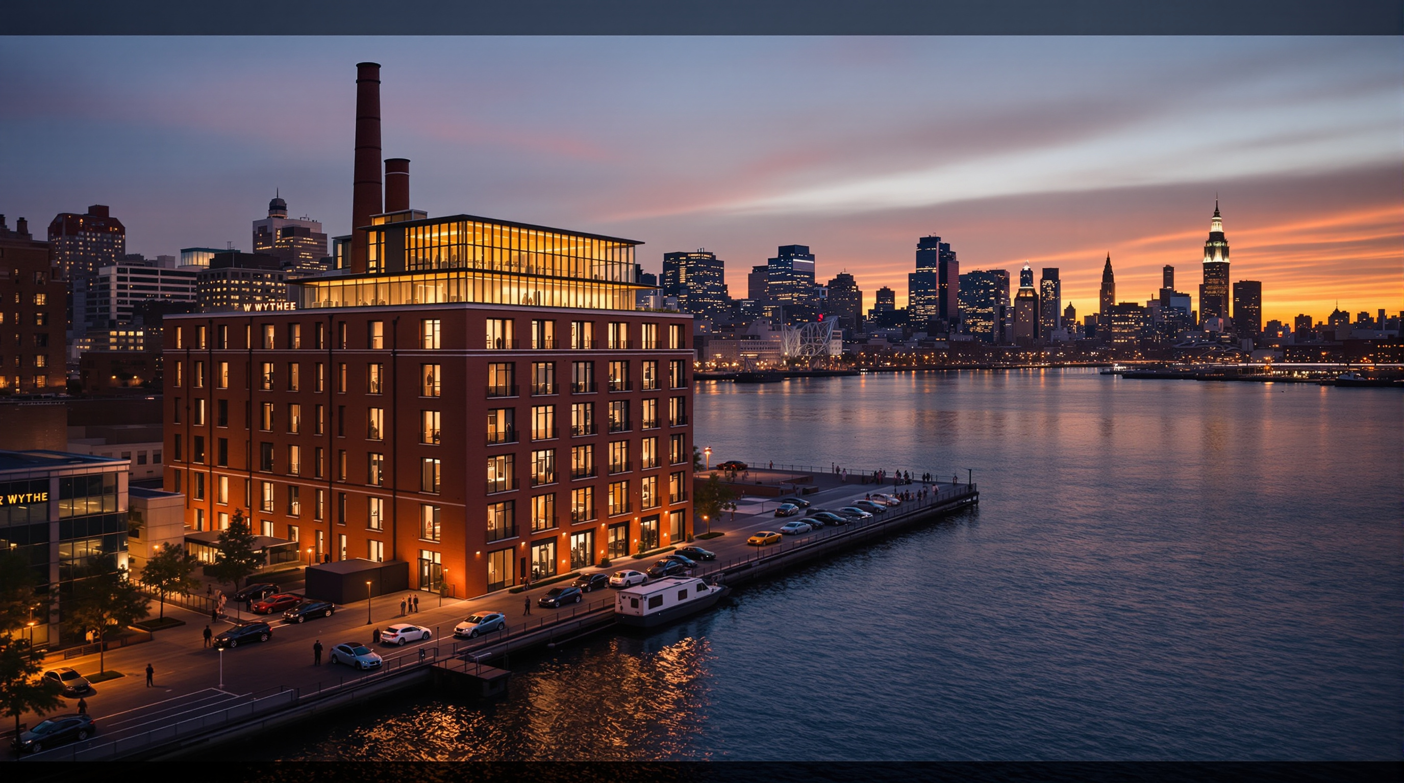 The Wythe Hotel seen across the Williamsburg waterfront at golden hour: the restored red-brick factory base glowing warm, its set-back modern glass crown lit from within, the Manhattan skyline and the East River in the background