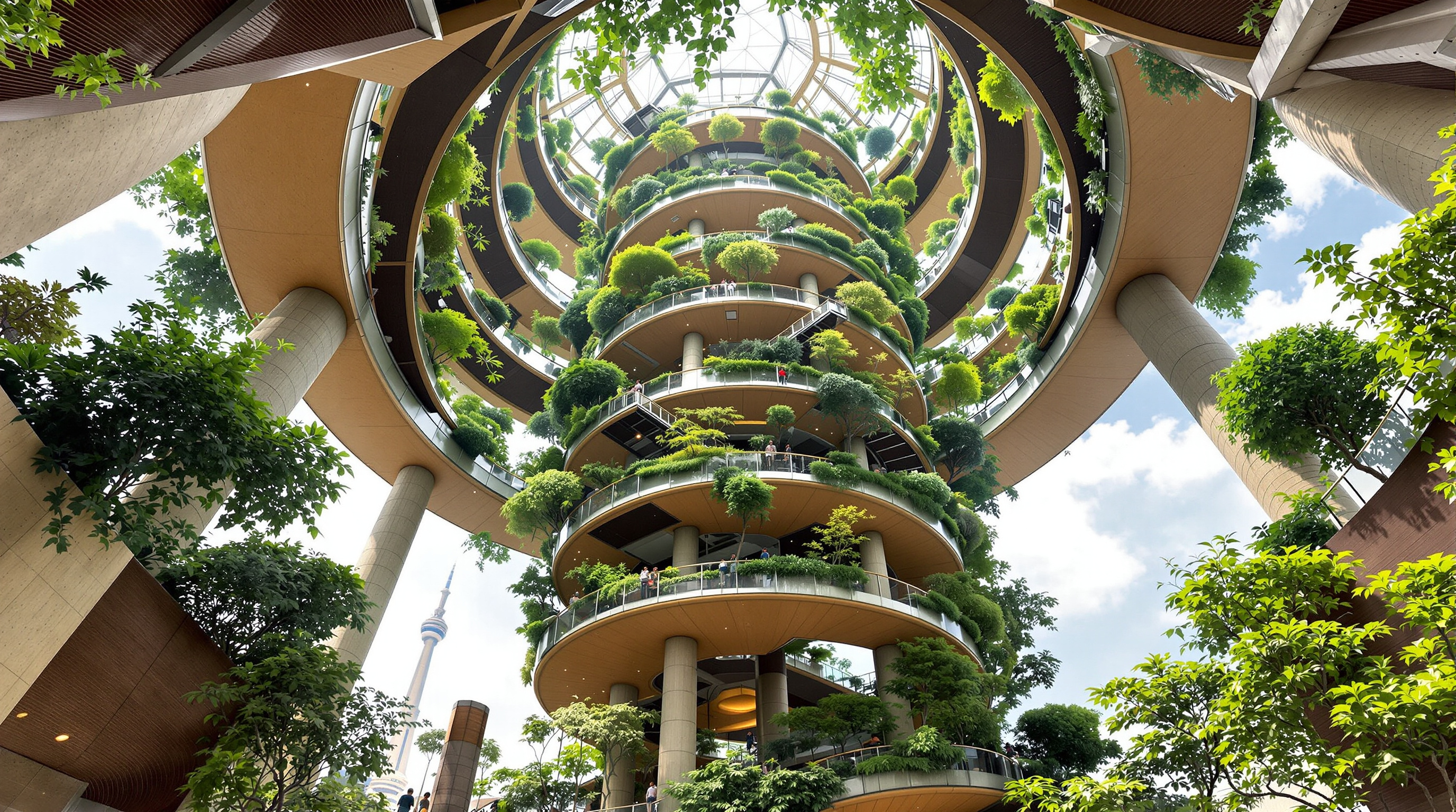 Looking up inside the Xi'an Tree, a vertical park rising through the district: stacked planted terraces and cascading gardens spiral around a central core, ceramic-clad columns visible between greenery, visitors ascending walkways toward the sky above