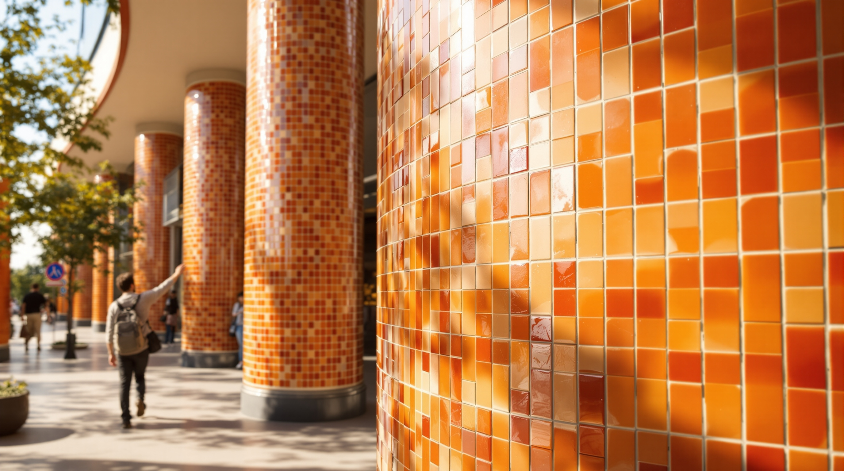 A close-up of the hand-glazed ceramic cladding on a curving column at the Xi'an district, the tiles in warm terracotta and cream tones catching raking sunlight, their slightly irregular hand-made surfaces and fine joints visible, a passer-by's hand reaching to touch them
