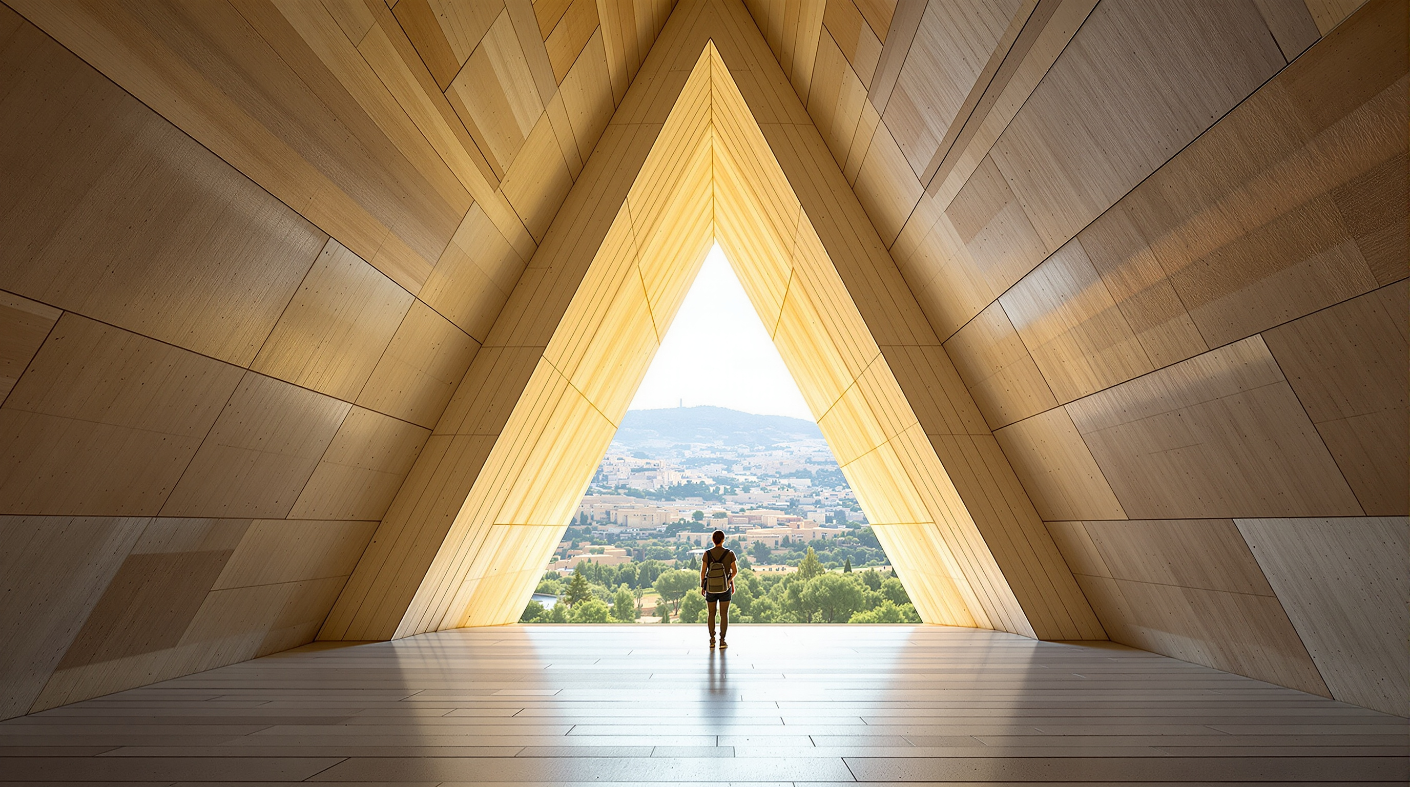 A visitor standing at the bright northern end of the Yad Vashem prism where the triangular concrete walls splay open and cantilever out over the valley, the sunlit terraced hills of Jerusalem spread out in the daylight beyond the shadowed interior