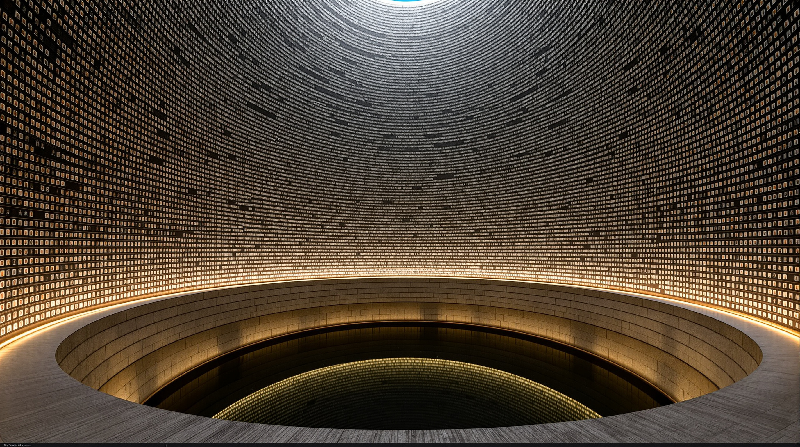 The interior of the Hall of Names at Yad Vashem, a tall cone lined with thousands of photographs of Holocaust victims rising overhead, its images mirrored in dark water in a deep well cut into the bedrock below