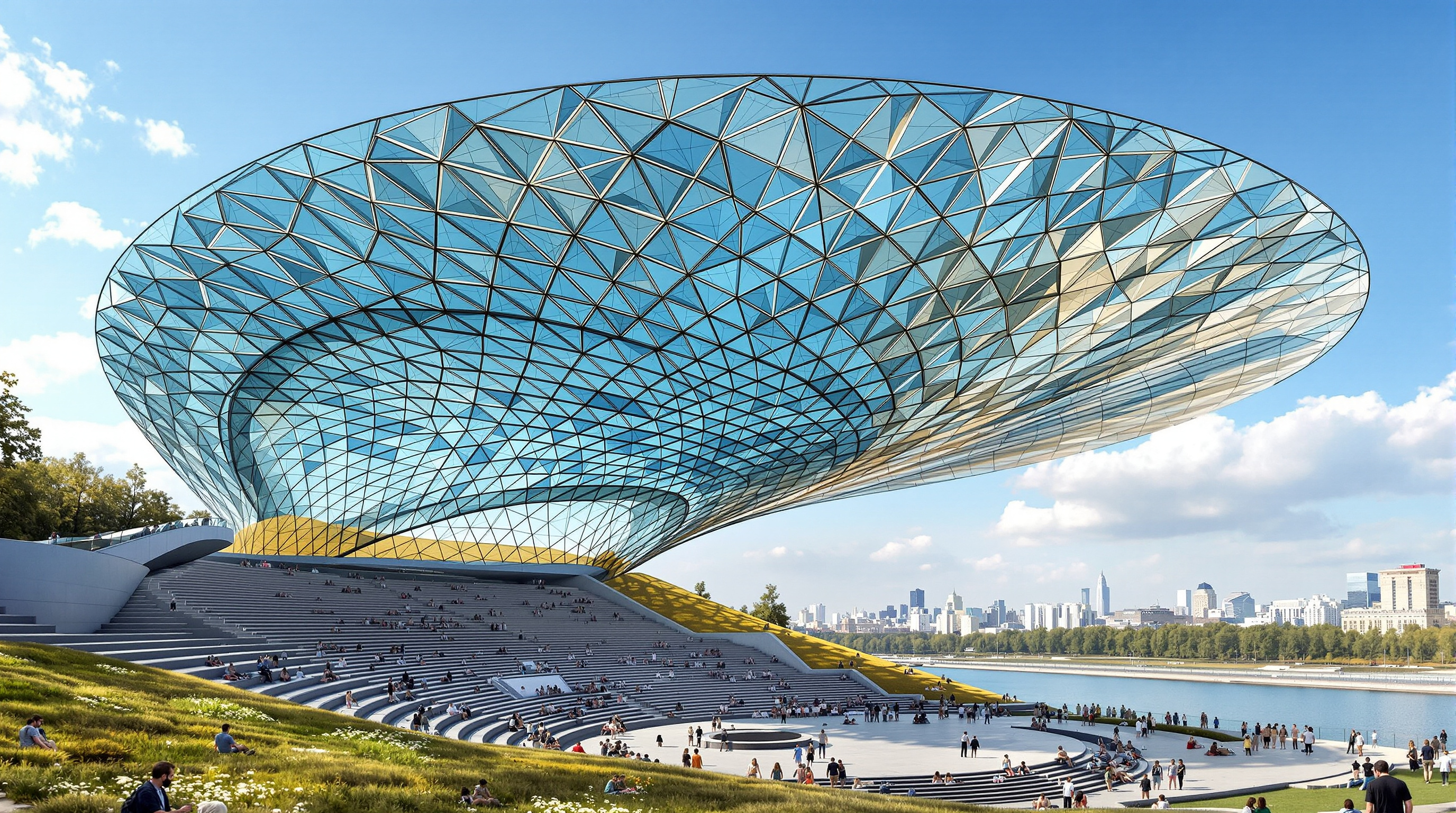 The glass canopy of Zaryadye Park's amphitheatre — a vast transparent shell of angular glass panels floating above tiered seating and grass, with visitors sheltered beneath it and the Moskva River and city skyline visible through the glass