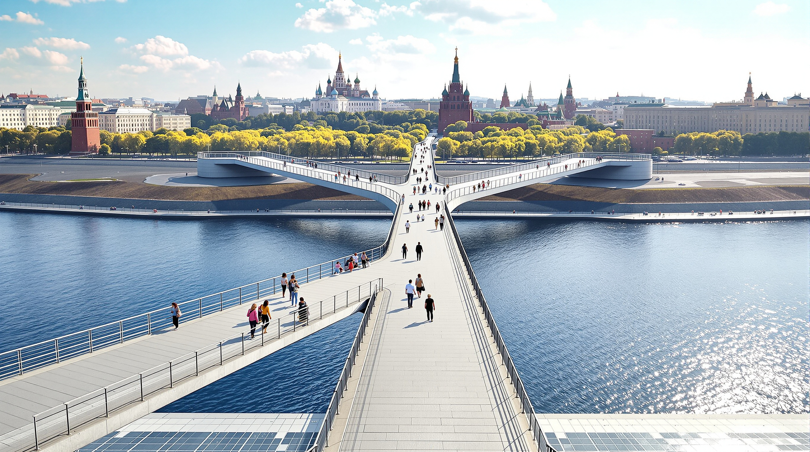 Visitors on Zaryadye Park's V-shaped floating bridge, a slender concrete walkway cantilevering out over the Moskva River with no supports beneath, the Kremlin towers and Moscow skyline spread out behind them under a bright sky