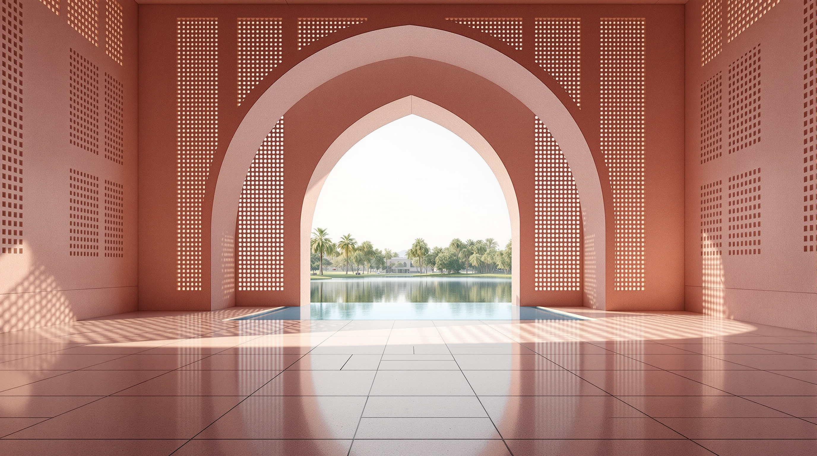 Interior of the Zebun Nessa Mosque looking toward the qibla: a wide arched opening frames a still reflecting pool and the lake beyond, while a grid of small rectangular perforations in the pink concrete wall casts a soft lattice of daylight across the smooth floor