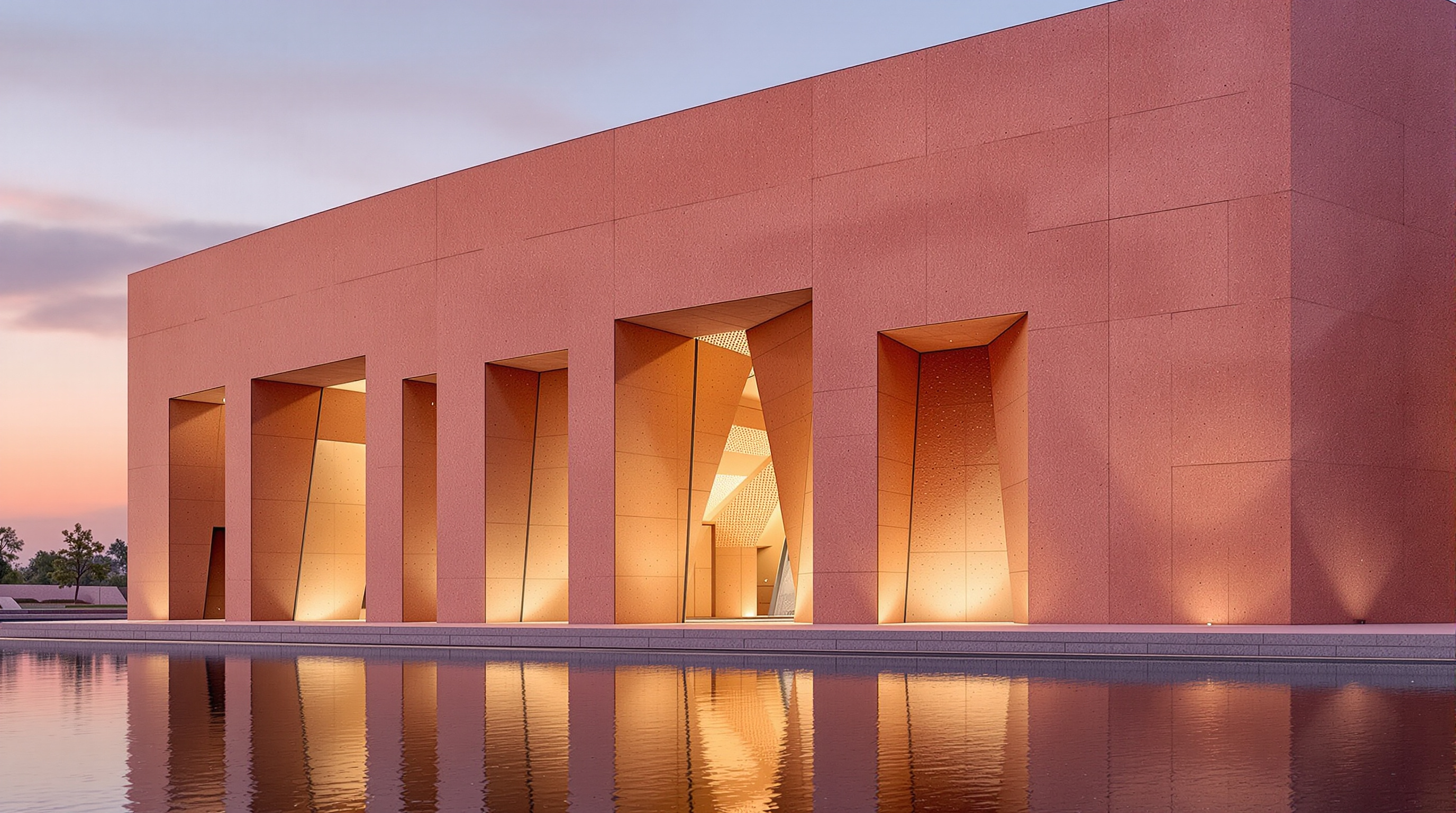 Exterior detail of the Zebun Nessa Mosque at dusk, its monolithic pink concrete walls — coloured by red cement and crushed-brick aggregate — perforated by a rhythmic grid of small openings that glow with interior light, reflected in the calm lake at its base