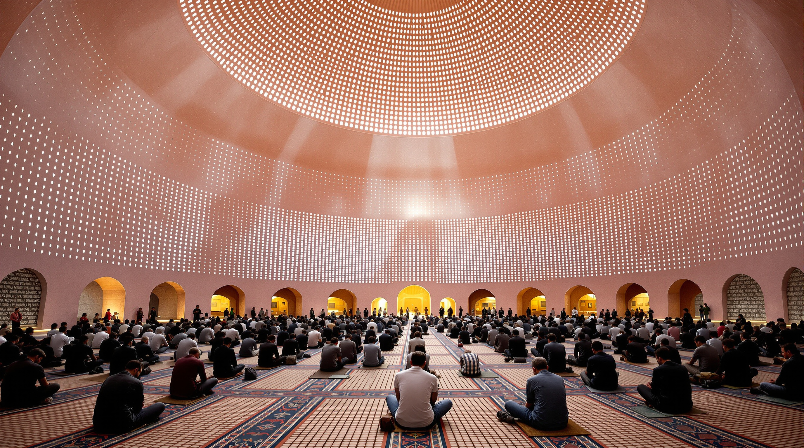 Interior of the Zebun Nessa Mosque prayer hall: soft dappled daylight falling through hundreds of small rectangular perforations across a curved pink concrete wall, worshippers seated on a broken-brick mosaic floor, the shallow shell dome glowing overhead