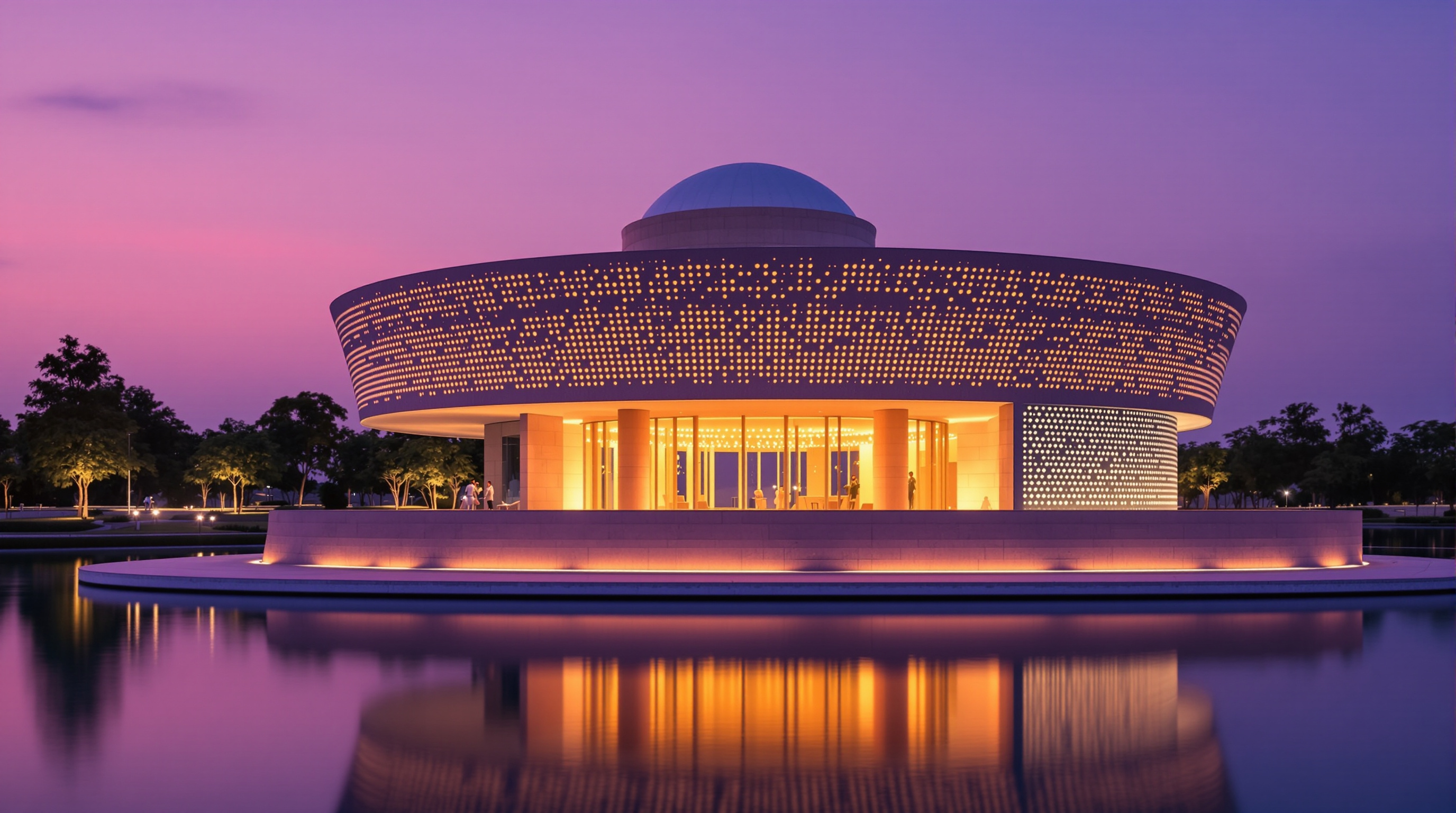 The exterior of the Zebun Nessa Mosque at dusk: the raised pink concrete plinth mirrored in the adjacent lake, the perforated double wall lit from within so the small voids glow like a lantern, the shallow dome silhouetted against a violet sky