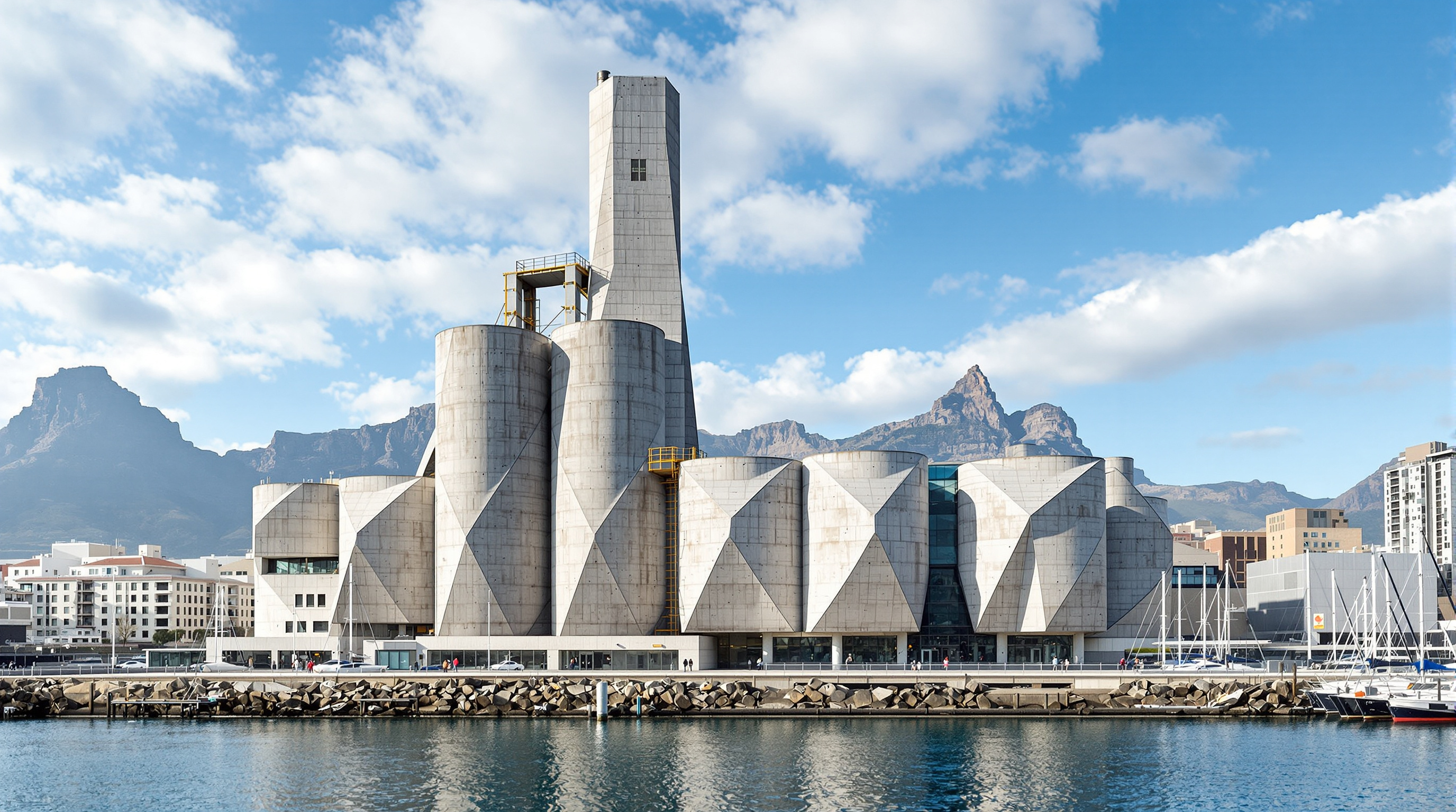 Exterior of Zeitz MOCAA on the Cape Town waterfront: the monumental cylindrical concrete silo tubes and tall grading tower rise beside the harbour, the bulging glass pillow windows set into the weathered industrial concrete, boats and Table Mountain in the background