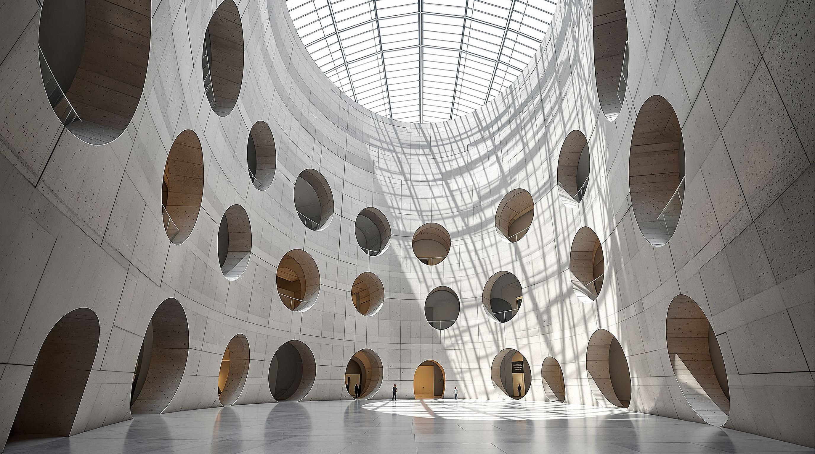 The soaring carved atrium at the heart of Zeitz MOCAA, its curved concrete walls formed from the sliced cross-sections of the old grain silo tubes, polished cut edges catching light beneath a laminated-glass skylight roof
