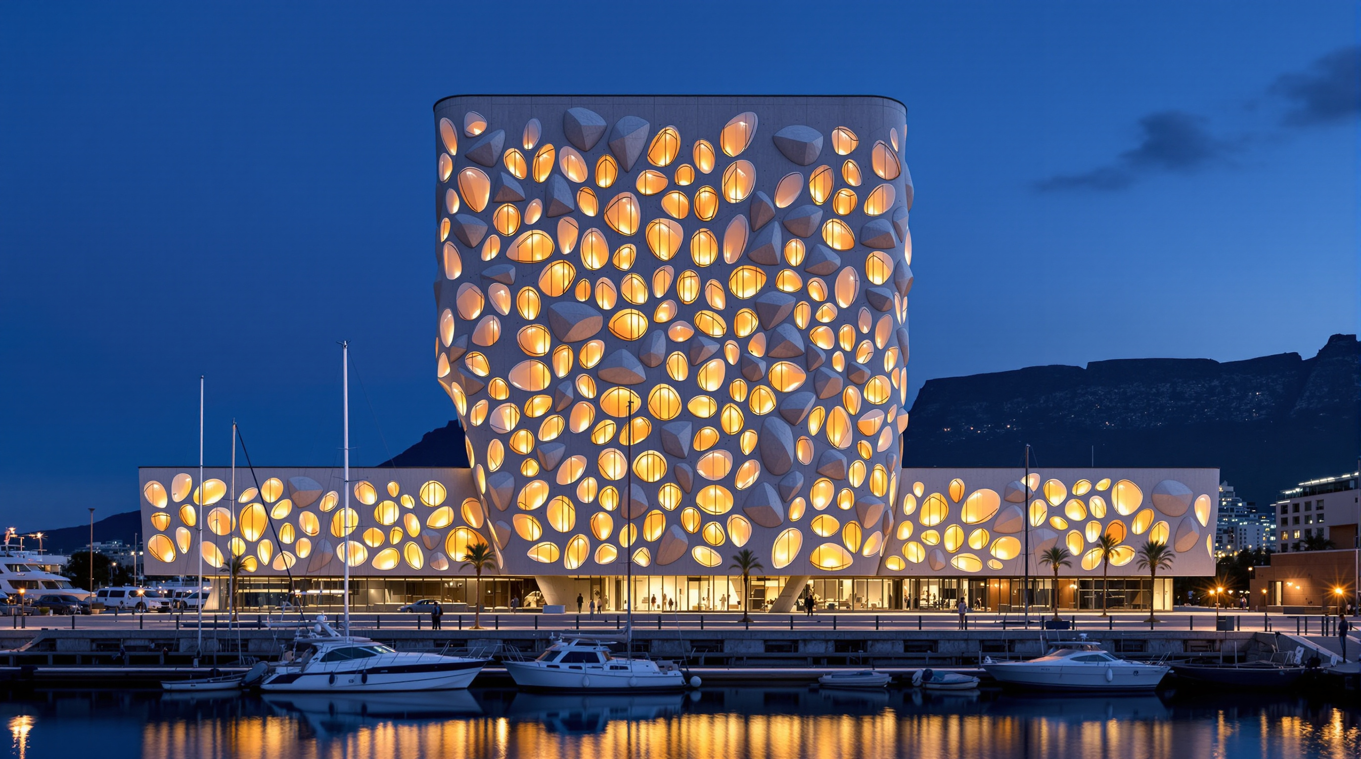 Exterior of Zeitz MOCAA at dusk on the V&A Waterfront, the concrete grading tower studded with bulging faceted glass pillow windows lit from within, moored boats and Cape Town's Table Mountain forming the backdrop