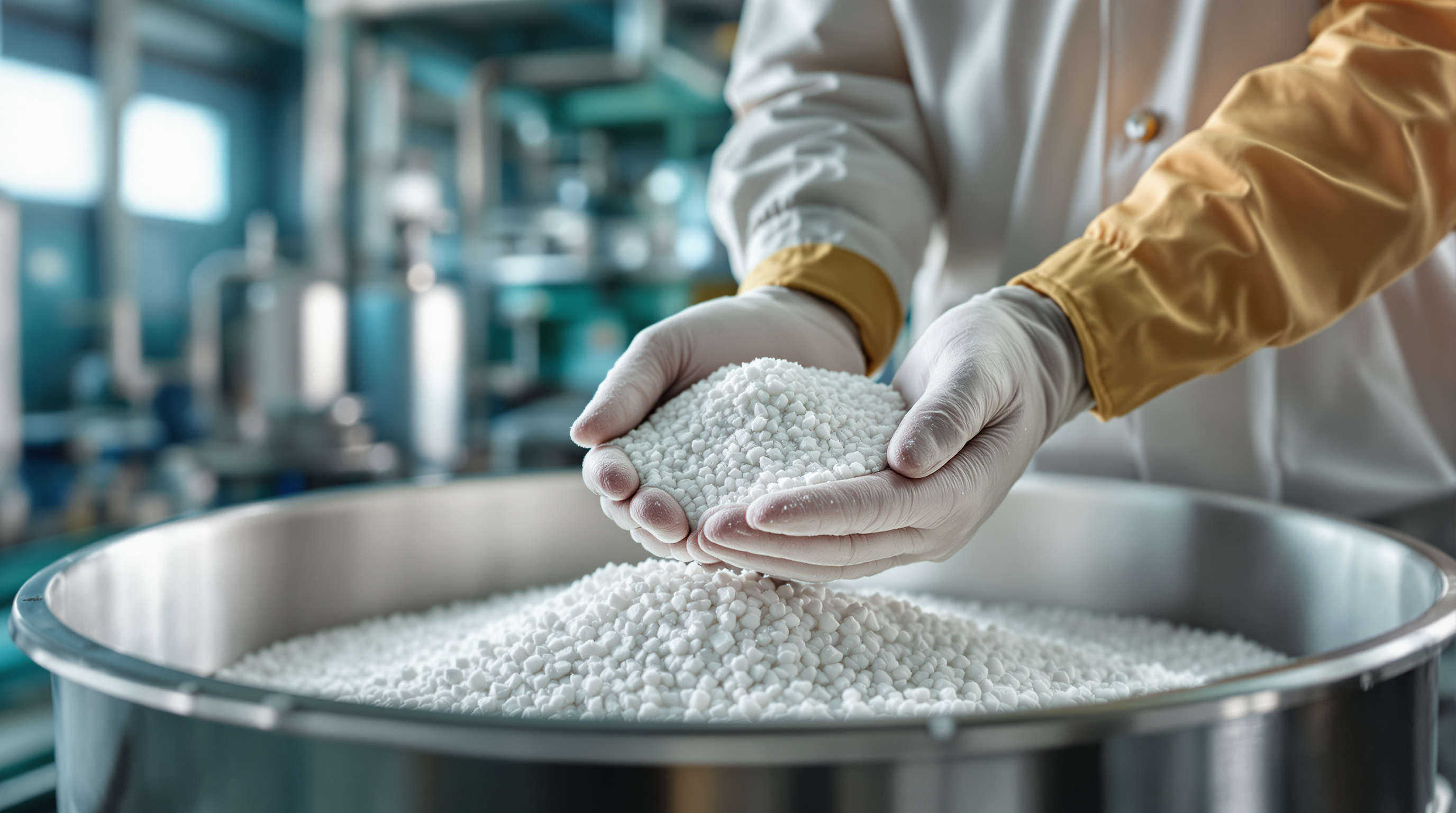 Gloved hand holding a handful of dry white-grey salt crystals over an industrial collection bin, the final solid residue from a zero liquid discharge plant