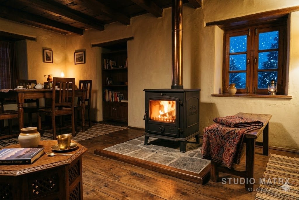 The dining and living room of a Shimla home in late evening — a cast-iron 600 × 600 mm bukhari wood-burning stove on a 1200 × 1200 mm stone hearth with a 200 mm Kashmiri walnut surround, fire visible through the stove door, a Kashmiri kani-wool shawl draped over a wooden bench, a brass chai cup on a low table, walnut plank flooring, walls in lime render with exposed deodar rafters above, soft amber firelight, snowfall visible through a small window in the background
